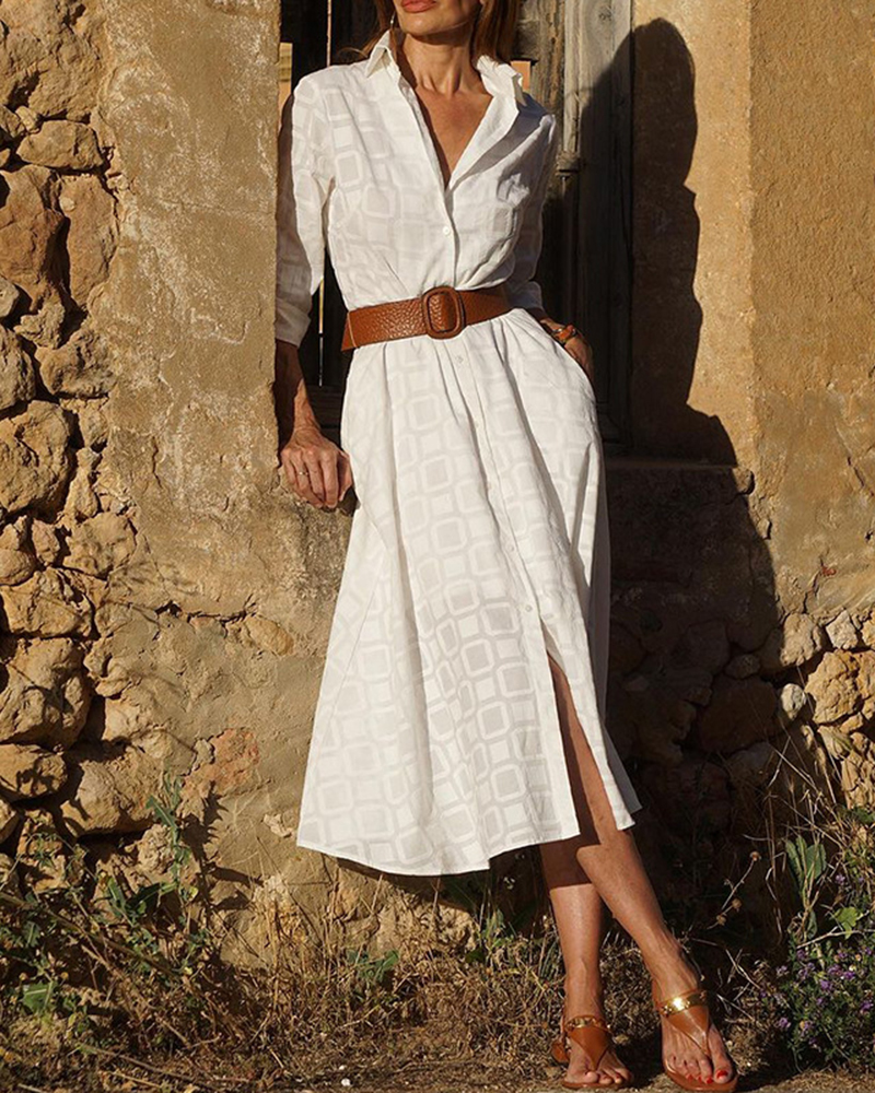 Checkered Pattern Three Quarter Sleeve Lapel Shirt Dress