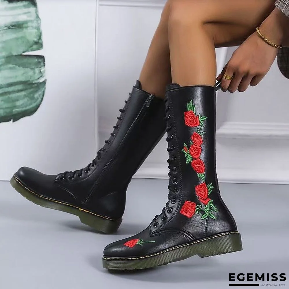 Embroidered Martin Boots with Casual Square Heel | EGEMISS