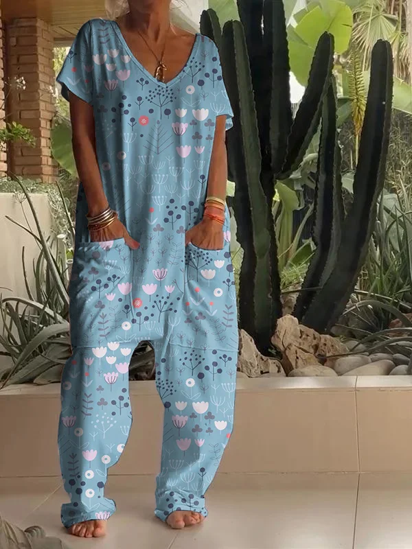 Casual Floral Print V-neck Jumpsuit