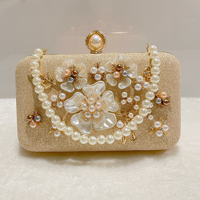 Evening Champagne Pearls Embellished Floral Rhinestone Clutch Bags 2024 - Flycurvy 