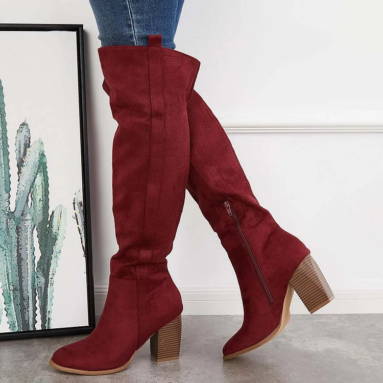 Stretchy Wide Calf Over The Knee Tall Boots Chunky Heel Riding Boots