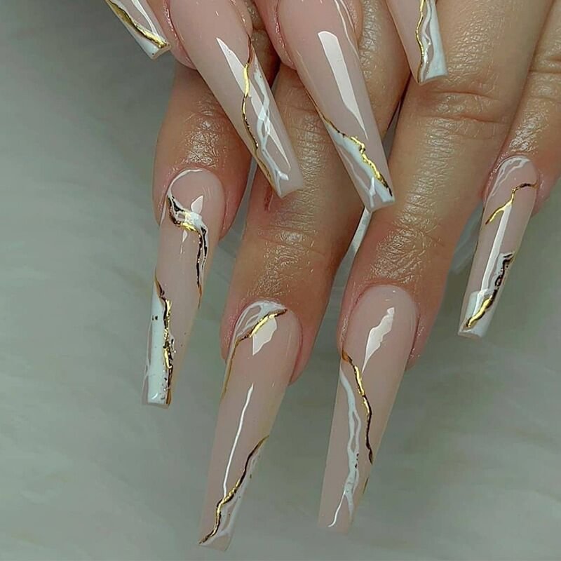 24pcs Nude Pink False Nails Extra Long White Gold Line Decals Coffin Fake Nails Acrylic Removable Ballerina Faux Nail Art Tips