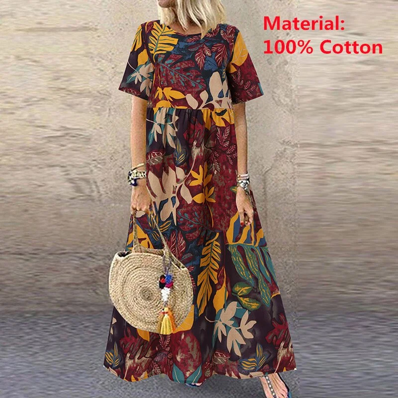 2022 ZANZEA Bohemian Holiday Sundress Summer Women Vintage Floral Printed Short Sleeve Beach Dress Loose Long Vestido Robe Femme