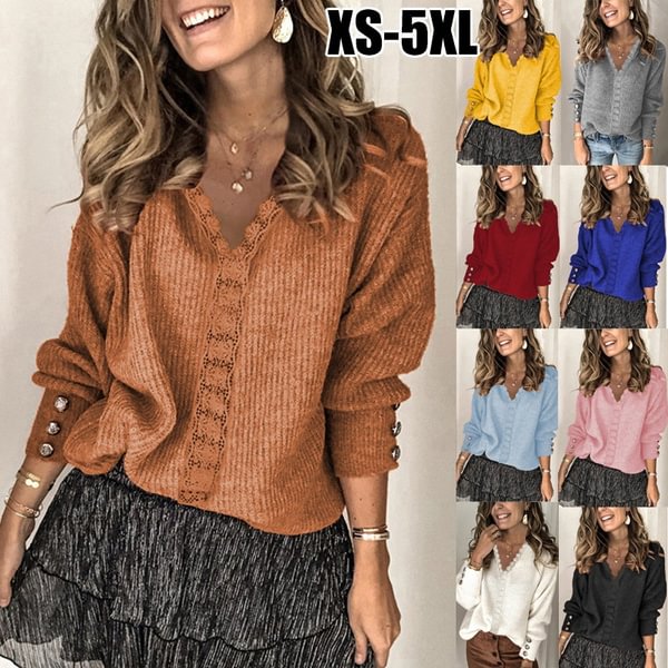 2022 New Fashion Women Winter V-Neck Long Sleeve Knit Sweaters Autumn Lace Solid Loose Knitted Pullovers Jumpers Tops - Shop Trendy Women's Fashion | TeeYours
