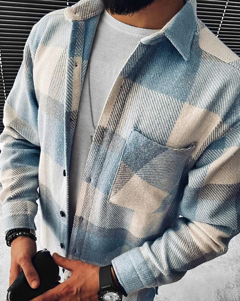Men's Blue Plaid Long Sleeve Shirt