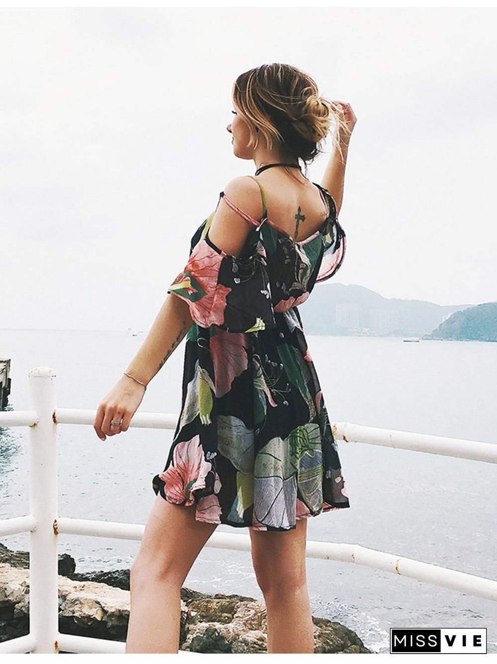 Lace Floral Printed Short Sleeve Mini Dress