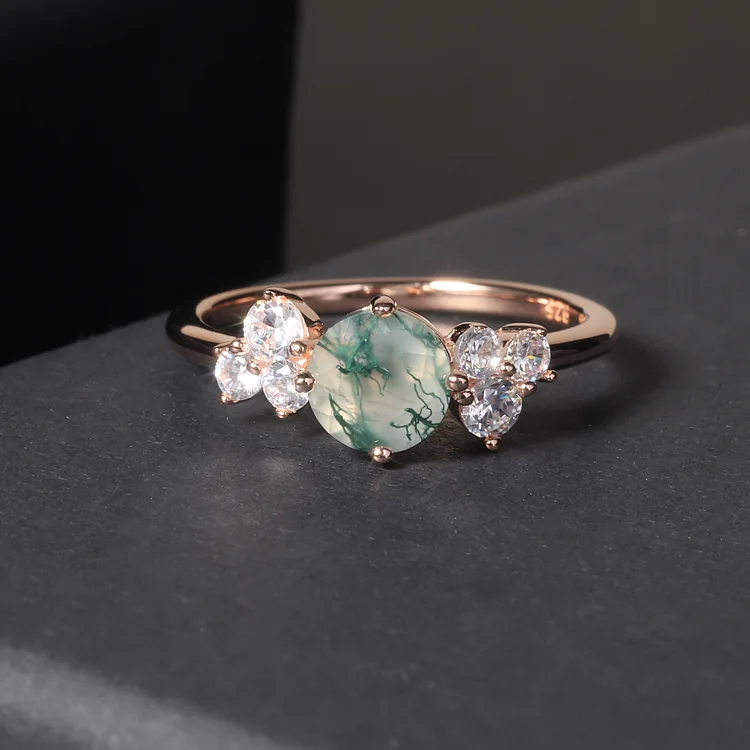 Round Gemstone Ring Natural Aquatic Agate Engagement Ring
