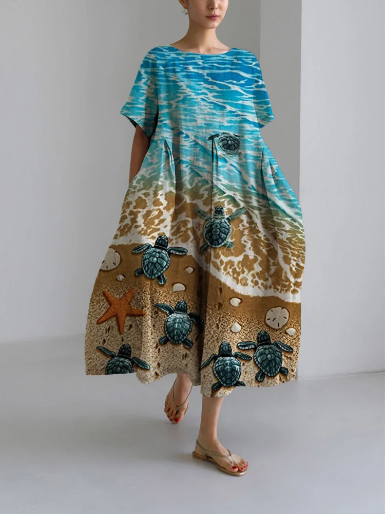 Women's Sea Turtle Print Loose Round Neck Medium Length Skirt Dress