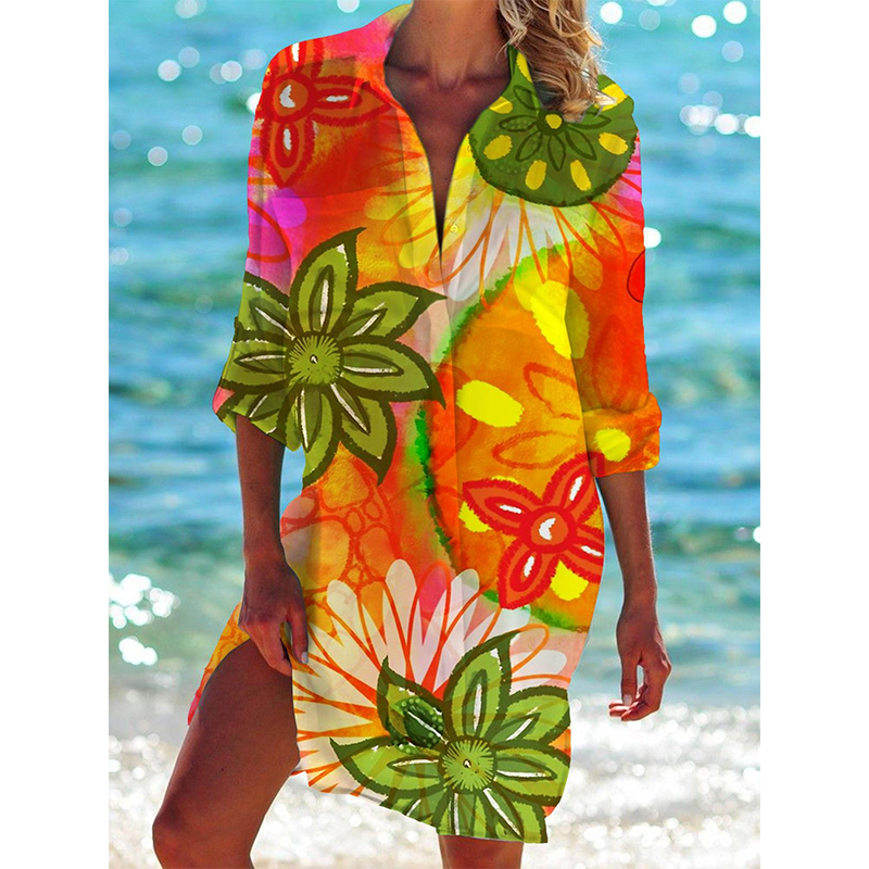 Myopiclunacy Colorful Floral Flower 3D Print Beach Blouses Women Long Sleeve Blusas Mid-length Shirts Buttons Shirt Woman Pocket Tops Blouse