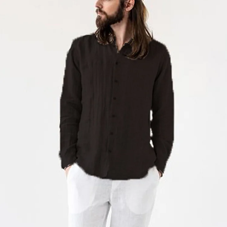 Men's linen cardigan solid color casual long-sleeved shirt