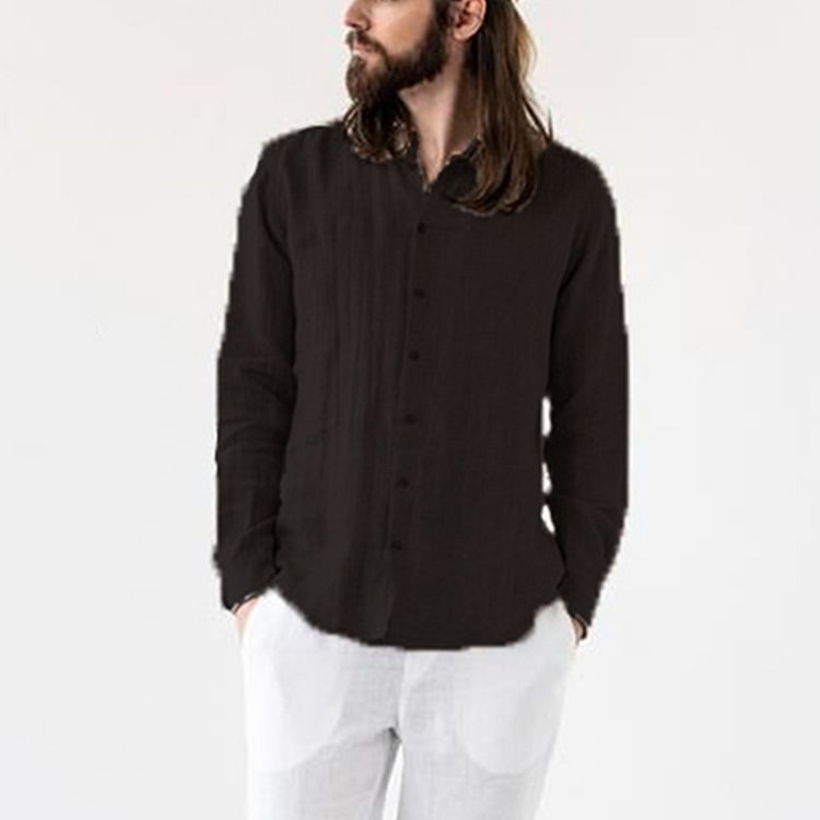 Men's linen cardigan solid color casual long-sleeved shirt