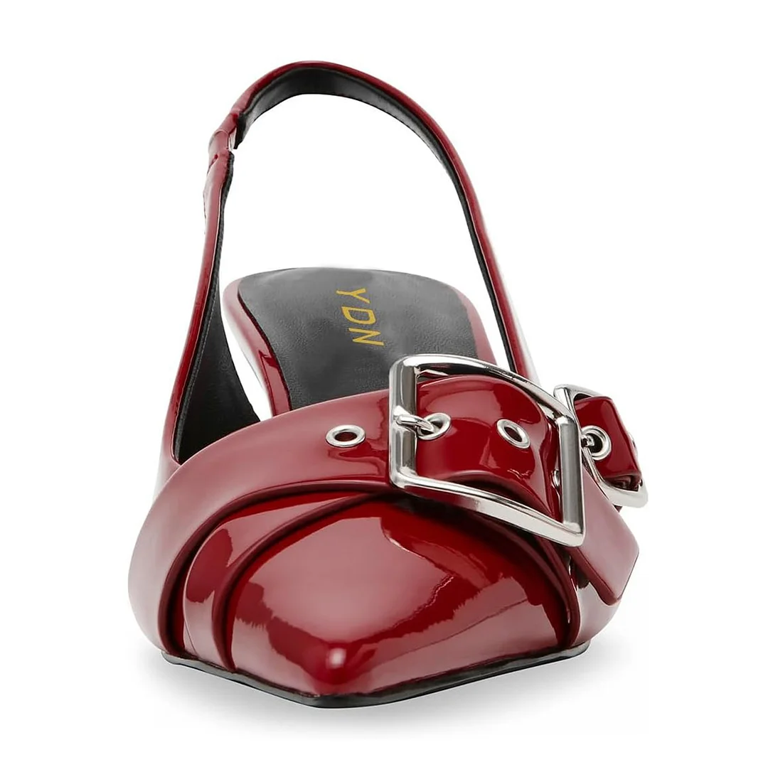 Pointed Toe Patent Leather Maroon Kitten Heel Slingback Pumps