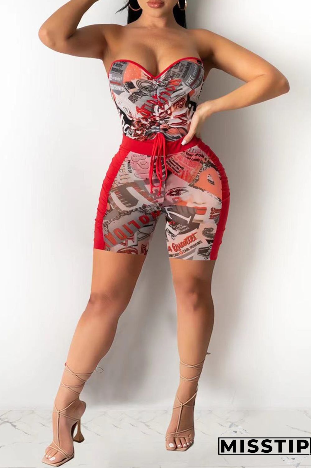 Pink Fashion Sexy Print Backless Strapless Sleeveless Two Pieces
