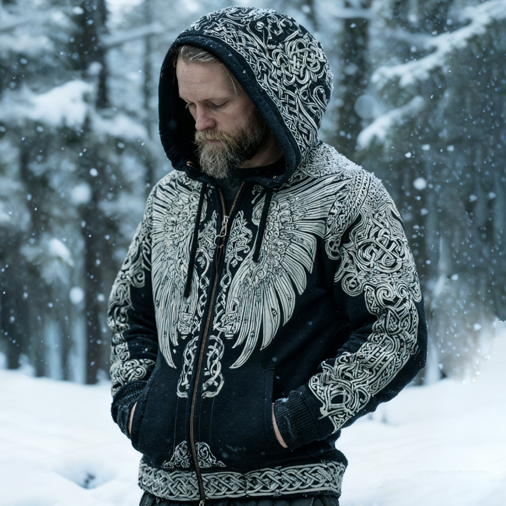 Men's Viking Tribal Jacquard Celtic With Wings Inspired Art Hoodie elevenforest