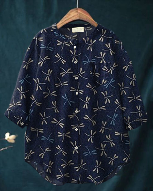 Japanese Dragonfly Sashiko Print Stand Collar Long Sleeve Cotton and Linen Shirt