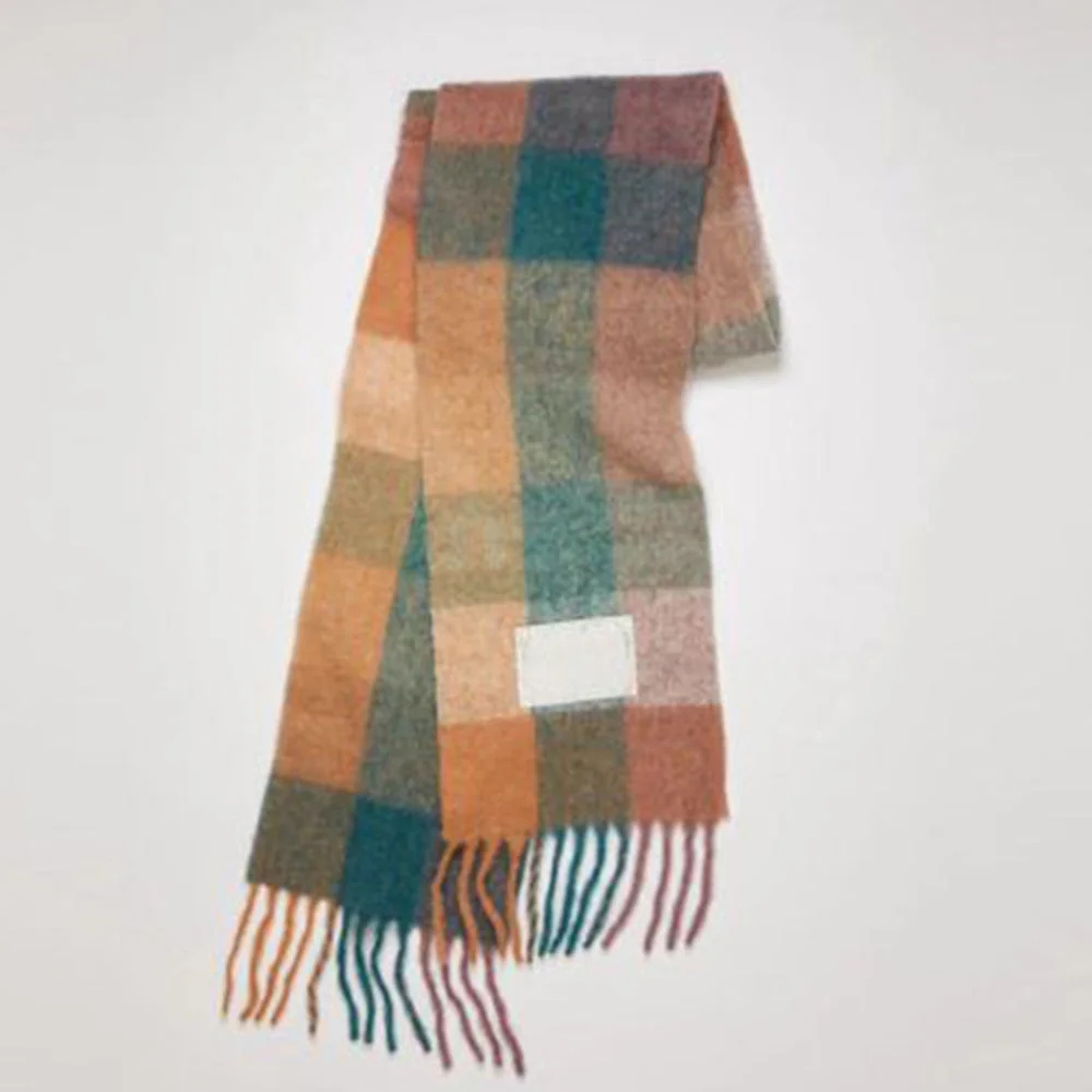 Smiledeer Autumn and winter warm colorblock plaid fringed scarf shawl