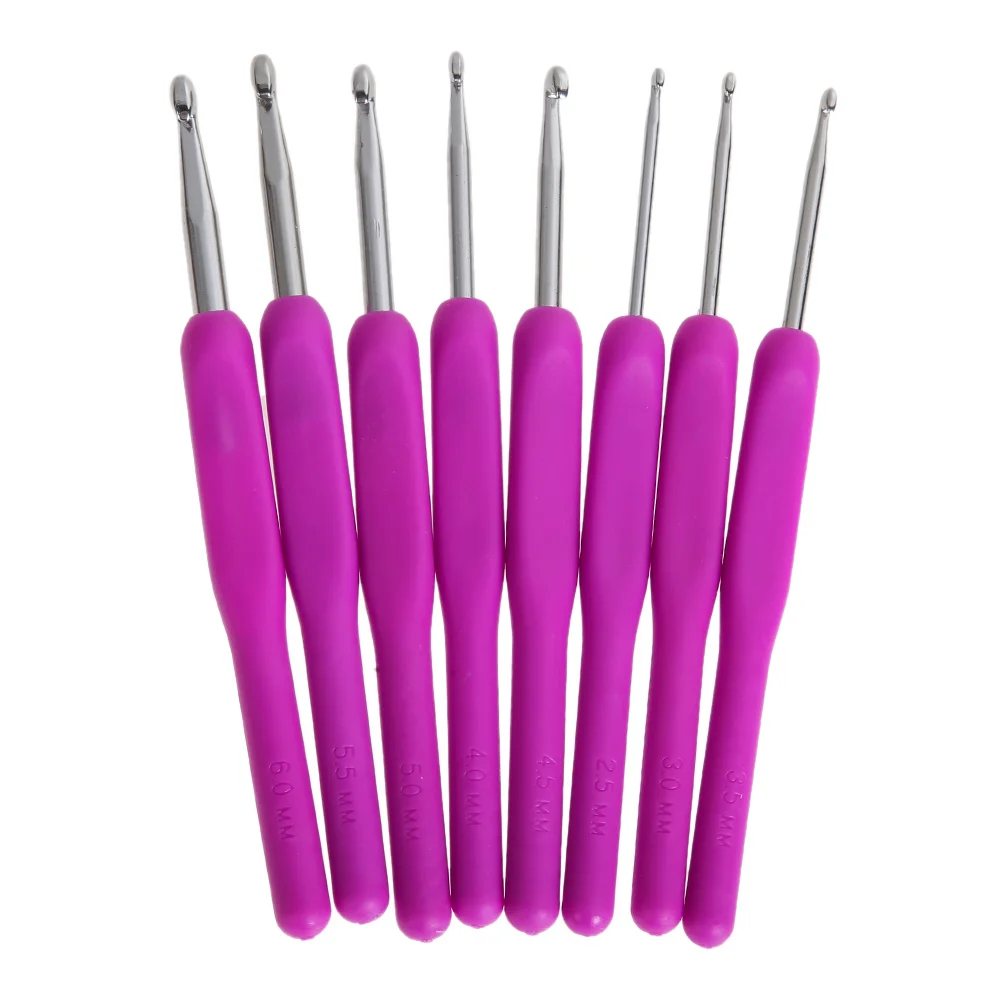 8 tamaños de plástico blando mango casero de aluminio ganchillo tejer gancho aguja púrpura
