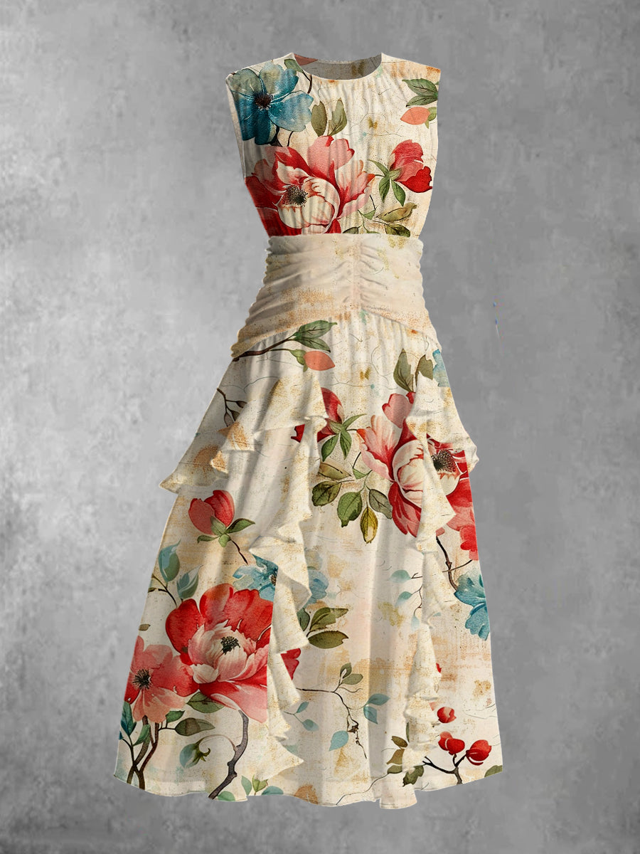 Vintage Floral Art Print Round Neck Chiffon Sleeveless Maxi Dress
