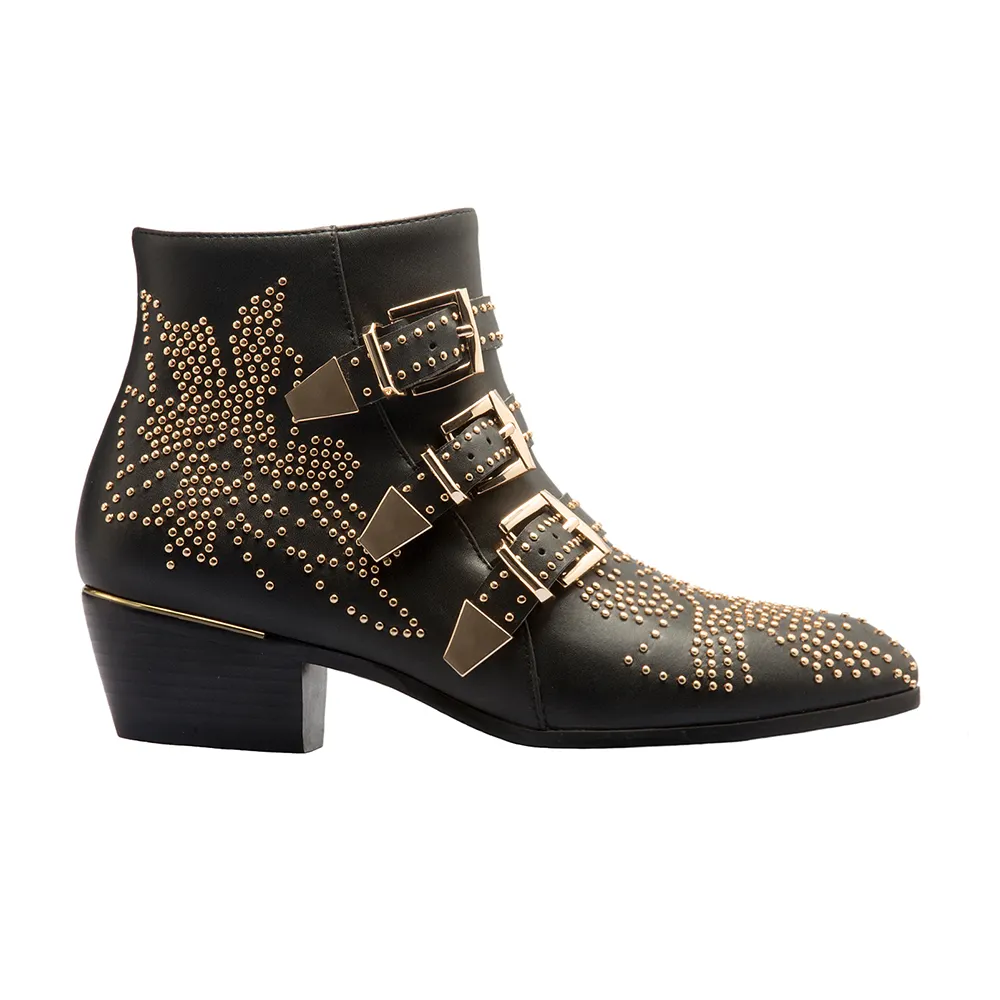 Women's Rivets Metal Buckle Low Heels Ankle Boots-vocosishoes