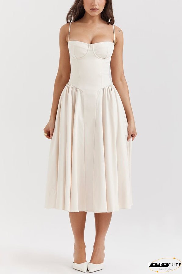 Solid Color Vintage Slim Fit Suspender Pocket Midi Dress