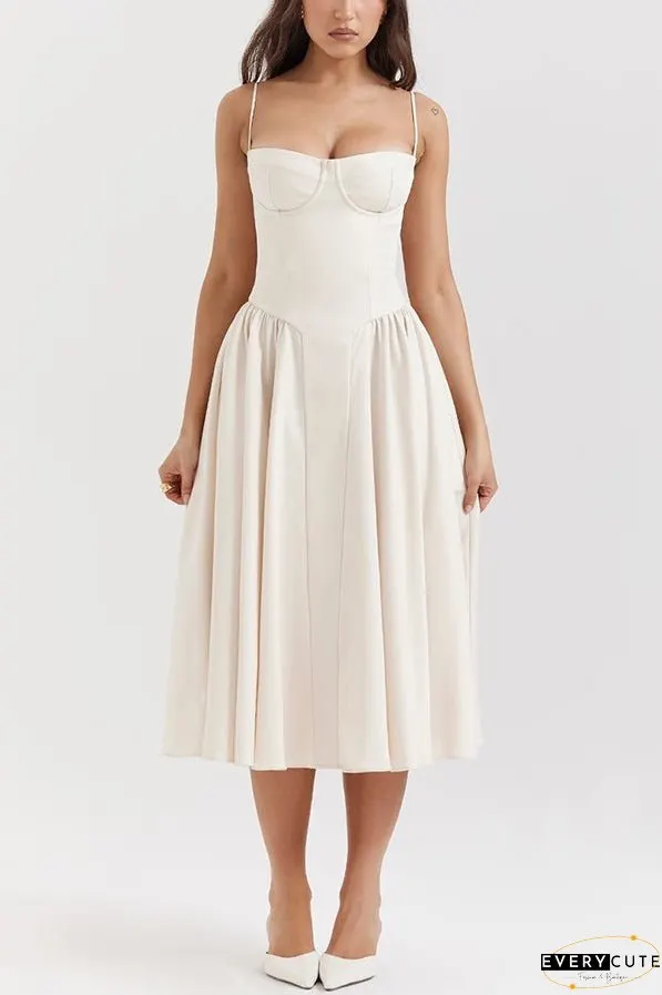 Solid Color Vintage Slim Fit Suspender Pocket Midi Dress