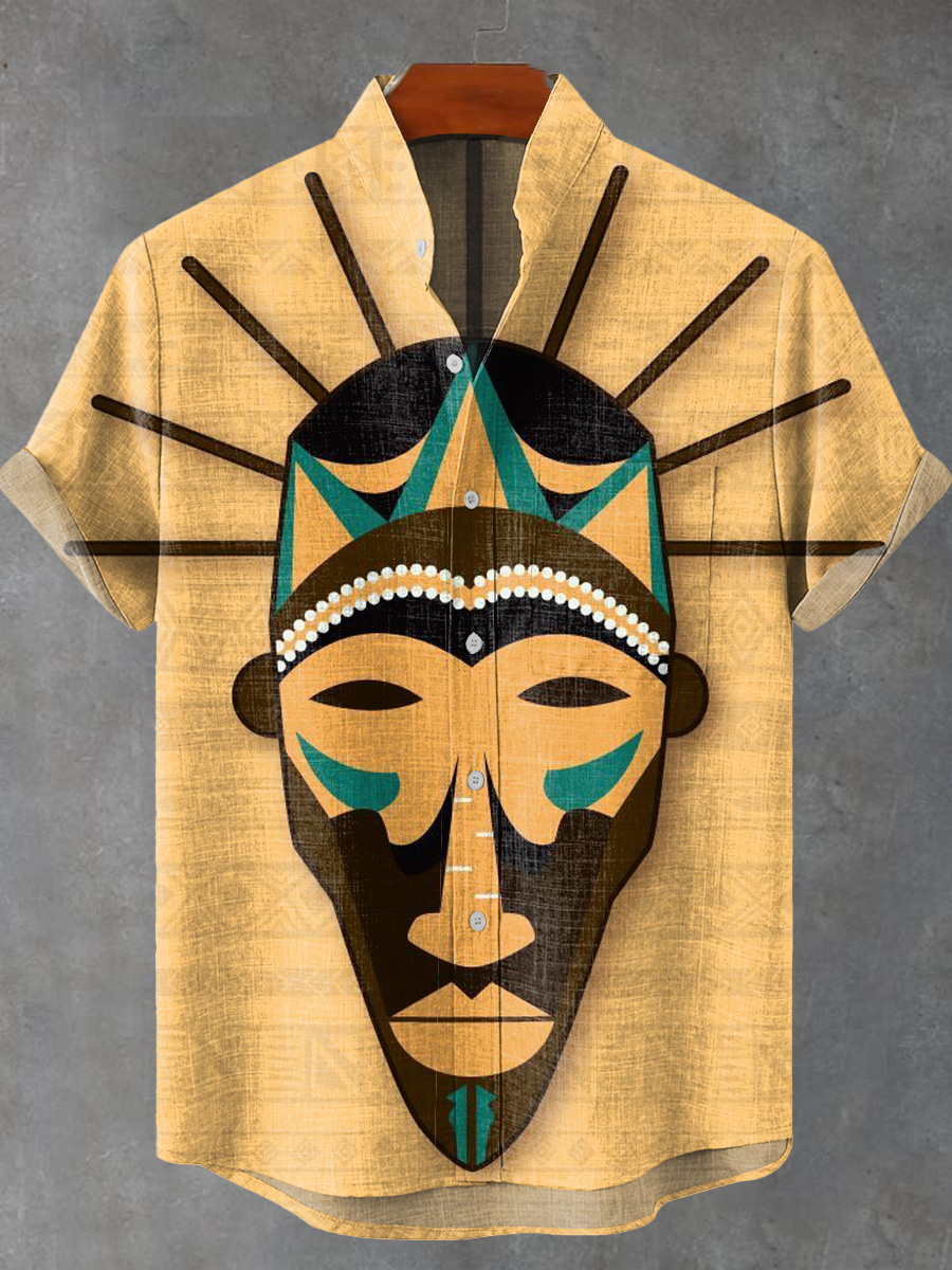 Vintage Abstract African Tribal Geometric Mask Painting Art Print Casual 100% Cotton Shirt