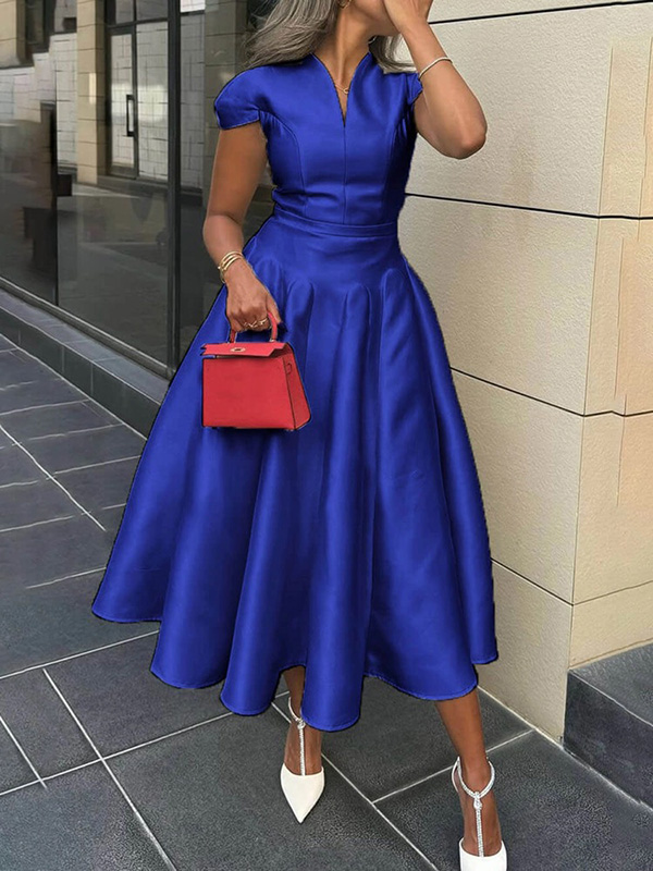 Short Sleeves Solid Color V-Neck Midi Dresses