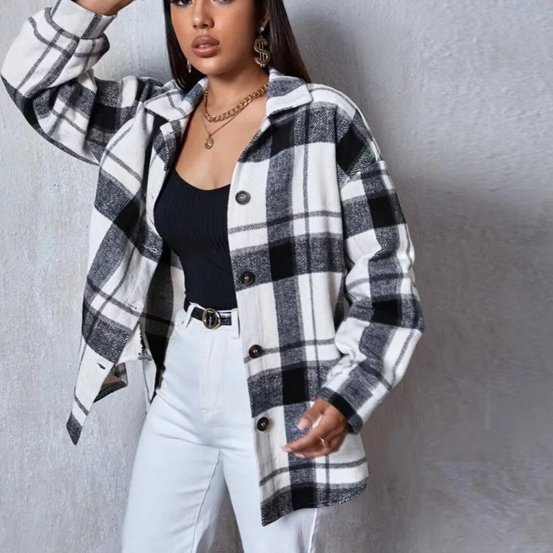 Fashion Plaid Casual Women Loose Lapel Jacket - Livereid