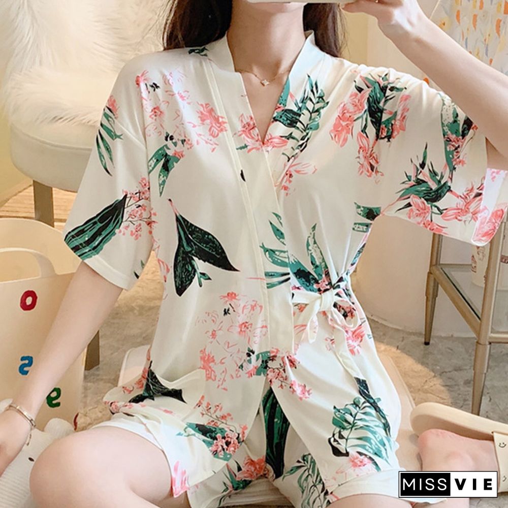 Floral Print Kimono Lace Up Pajamas Set