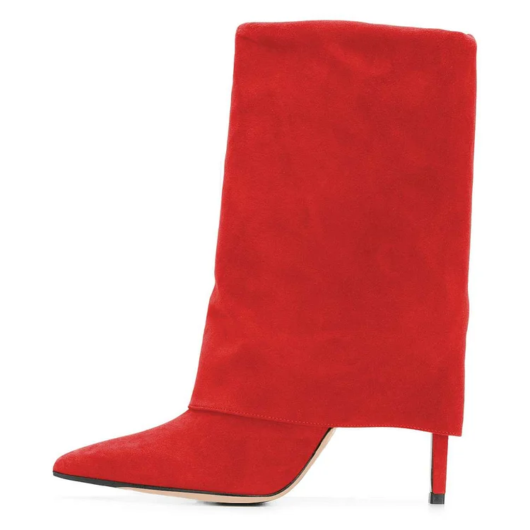 Red Vegan Suede Wrapped Stiletto Heel Fold-Over Ankle Boots |FSJ Shoes