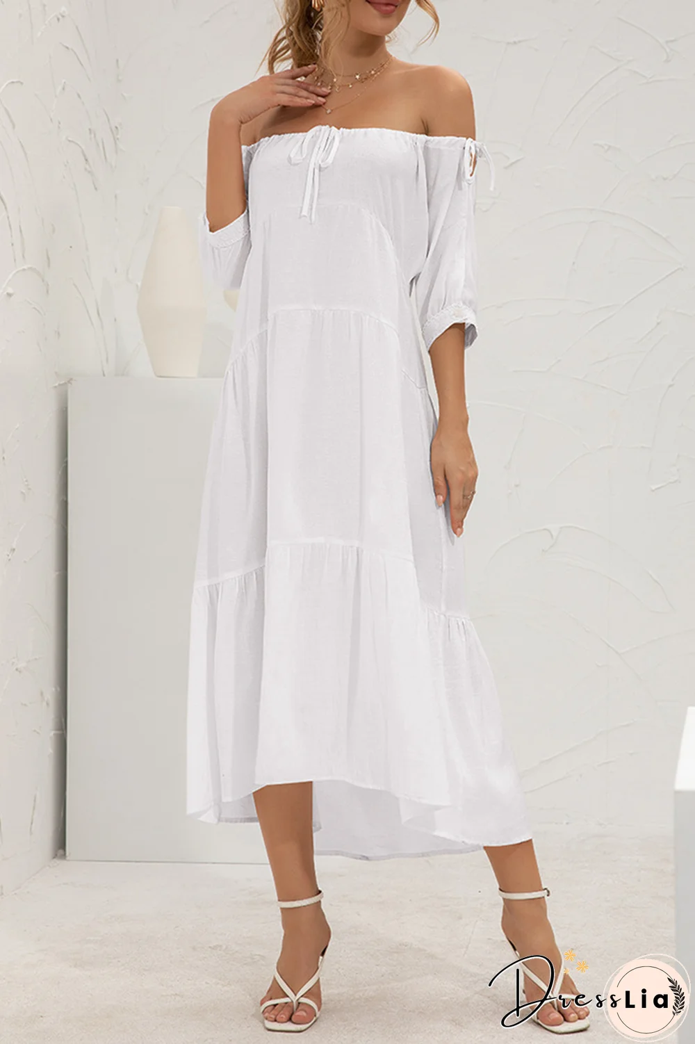 Elegant Solid Split Joint Frenulum Off The Shoulder Cake Skirt Dresses