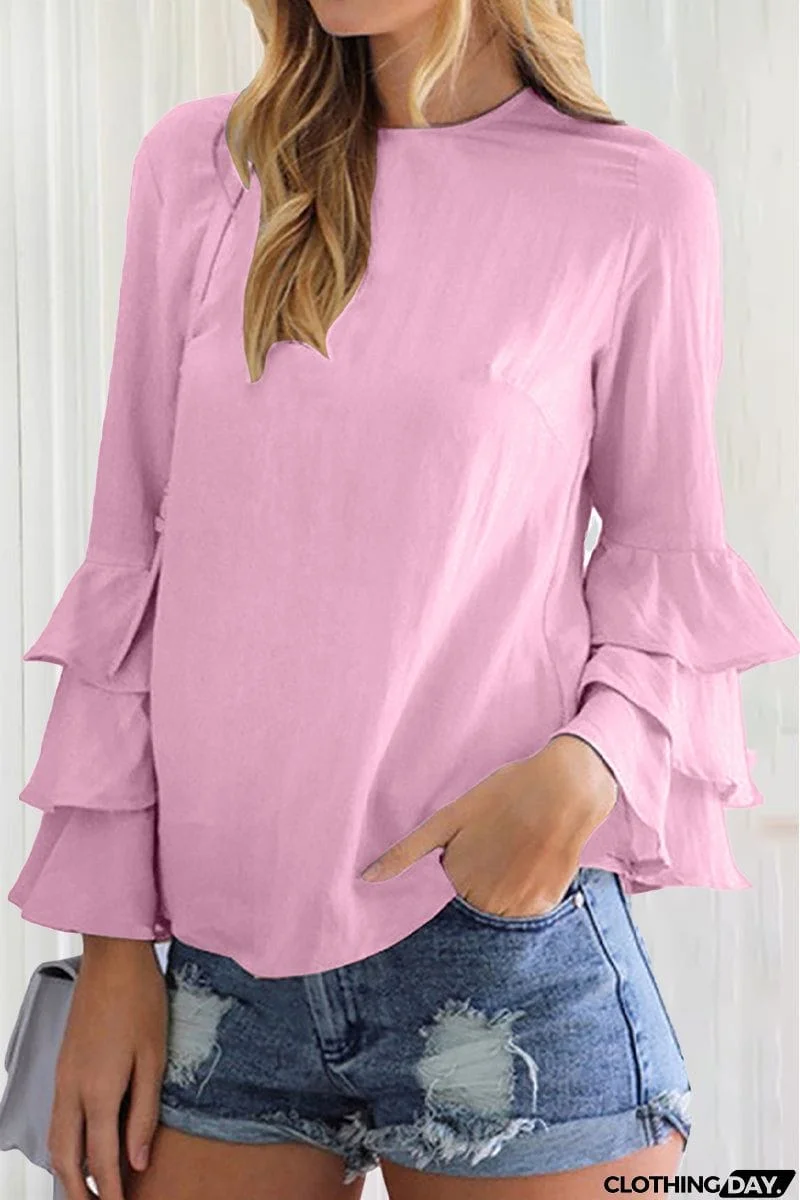 Casual Solid Flounce O Neck Tops(9 Colors)