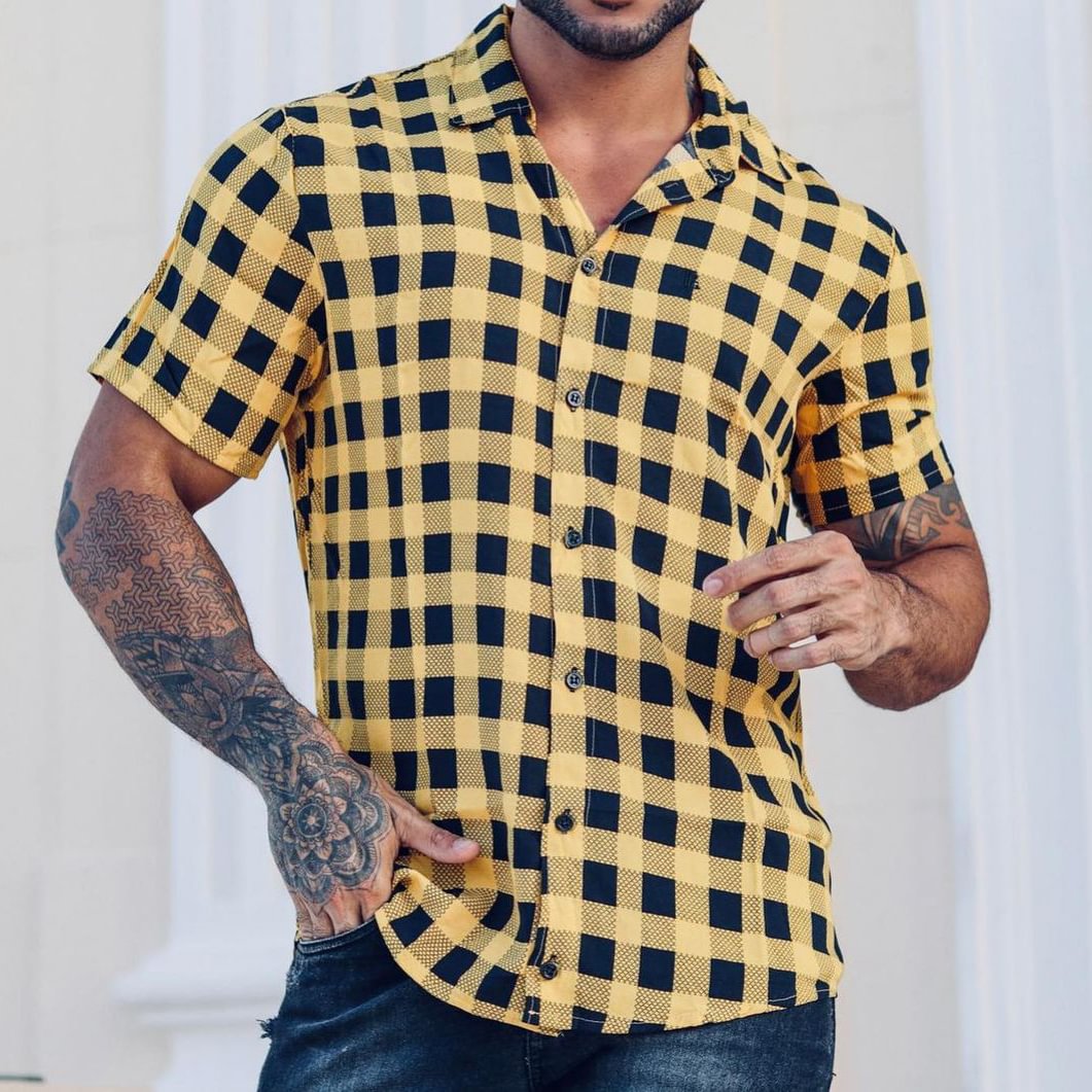 Men's Casual Fashion Geometric Check Print Short Sleeve Shirt、、URBENIE