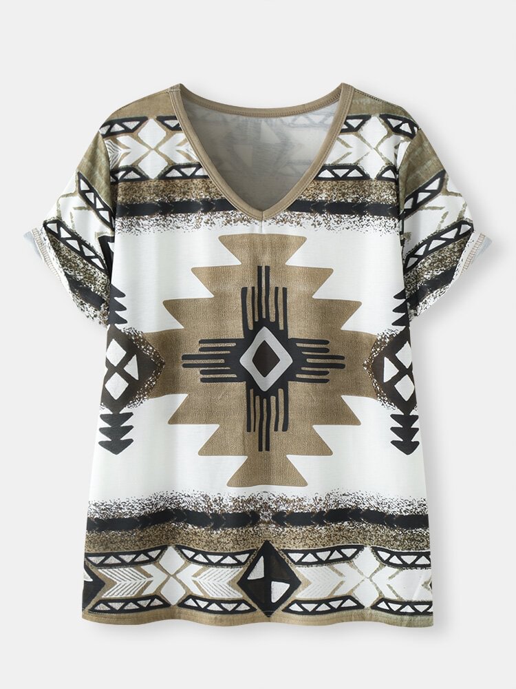 Geometric Ethnic Pattern V neck Short Sleeve Loose T Shirt P1850258