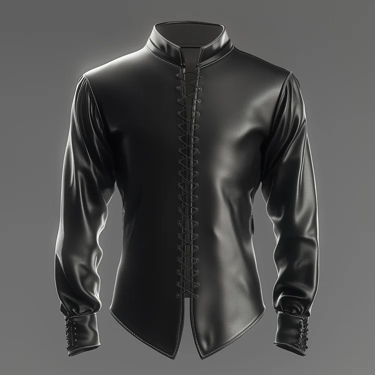 Okaywear Stand Collar Lace Up Long Sleeve PU Leather Shirt 
