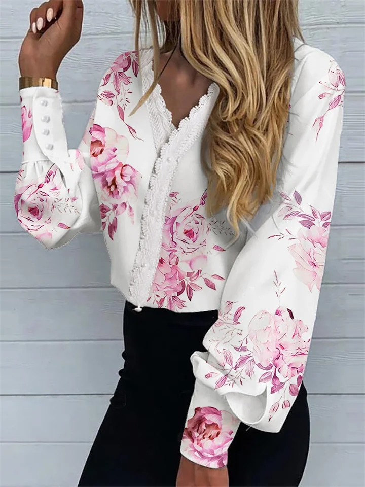 Spring and Summer New Ladies Fashion Printing Lace Lace Casual Shirt-Cosfine