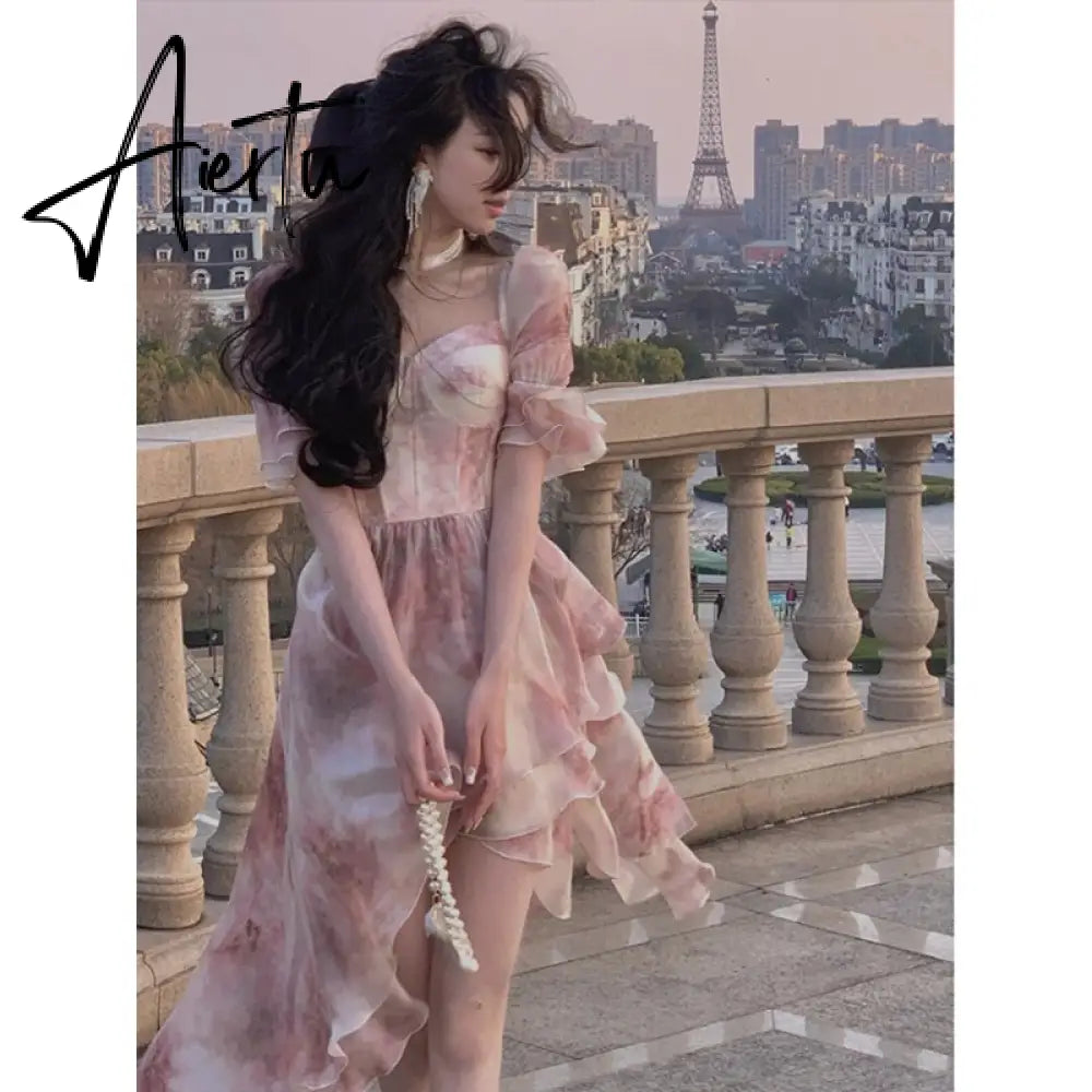 Summer Elegant Vintage Dress Office Lady Short Sleeve Beach Style Party Dress Woman Floral One Piece Dress Korean Fashion Aiertu