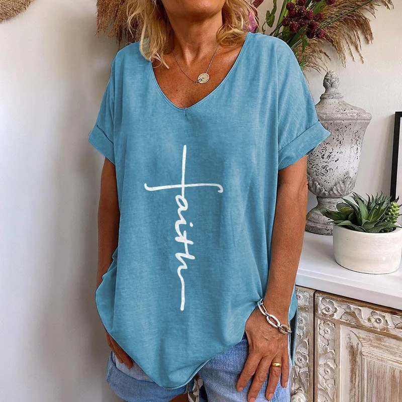 Faith Calligraphy Font Print Loose V-neck T-shirt