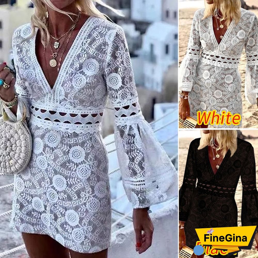 Women Flare Long Sleeve Mini Dress Lace Hollow Out Deep V Neck Party Casual Short Dress Plus Size