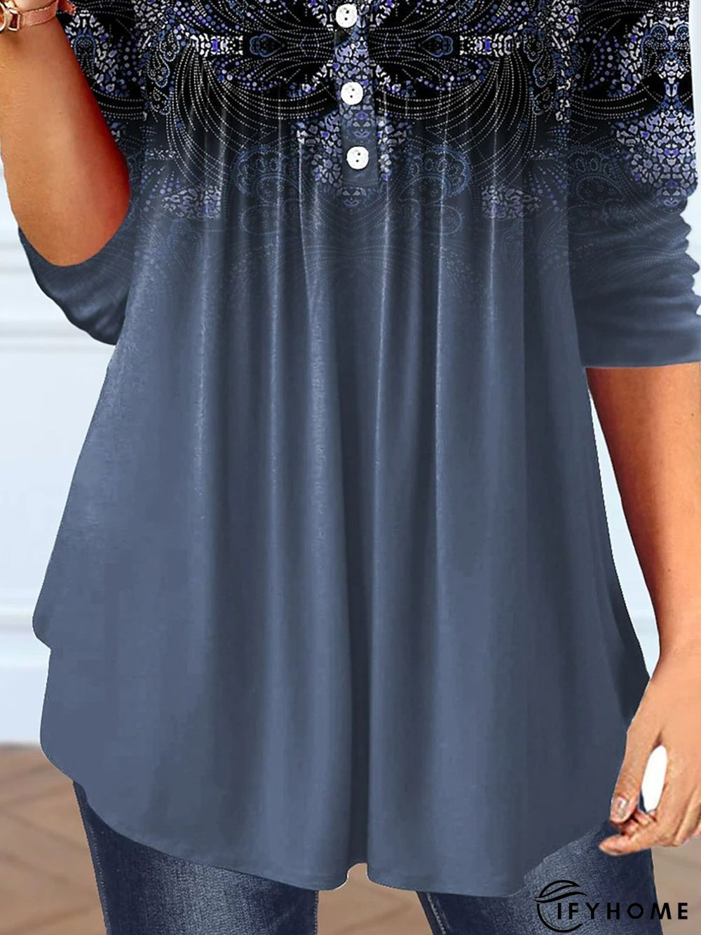 V Neck Gathered Ethnic Buttoned T-Shirt | IFYHOME