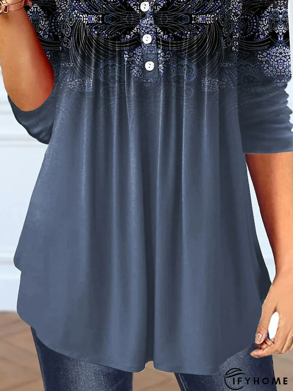 V Neck Gathered Ethnic Buttoned T-Shirt | IFYHOME
