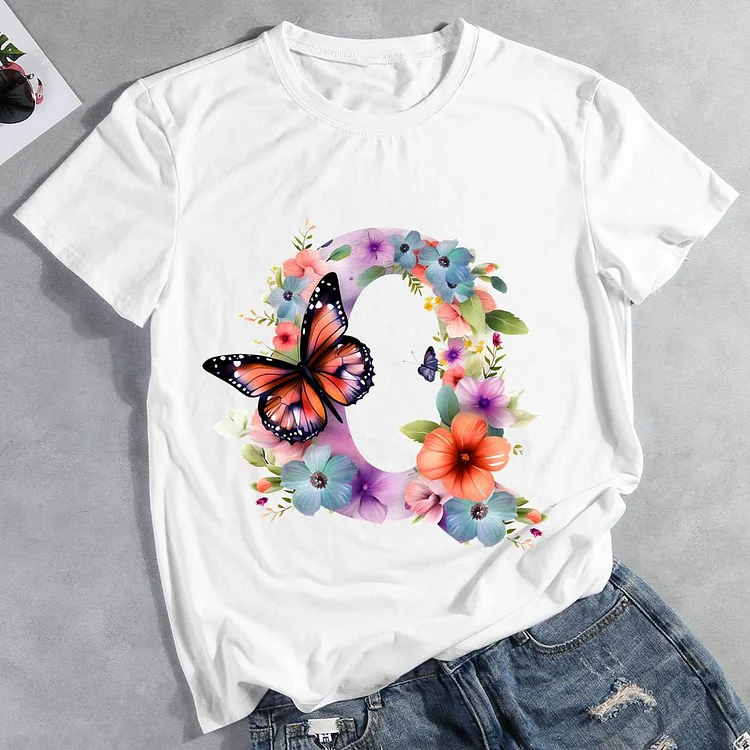 Butterfly Alphabet Q Round Neck T-shirt-Annaletters