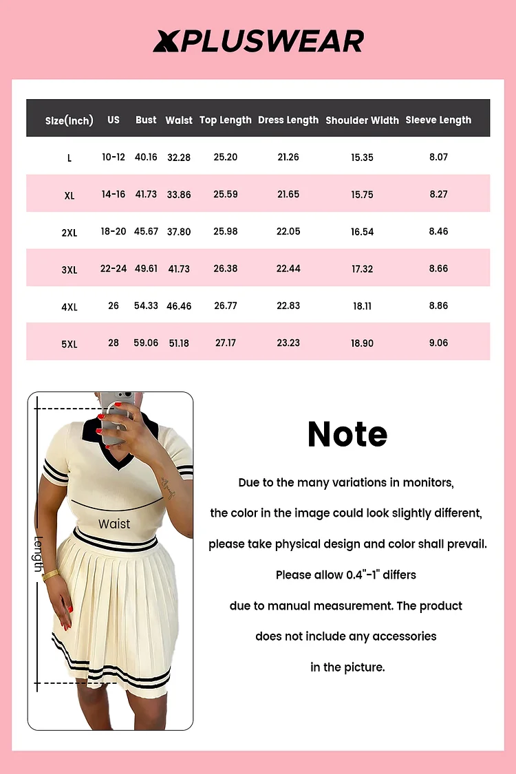 Plus Size Business Casual White Turndown Collar Short Sleeve Pleated Knitted Two Piece Skirt Sets [Pre-Order]