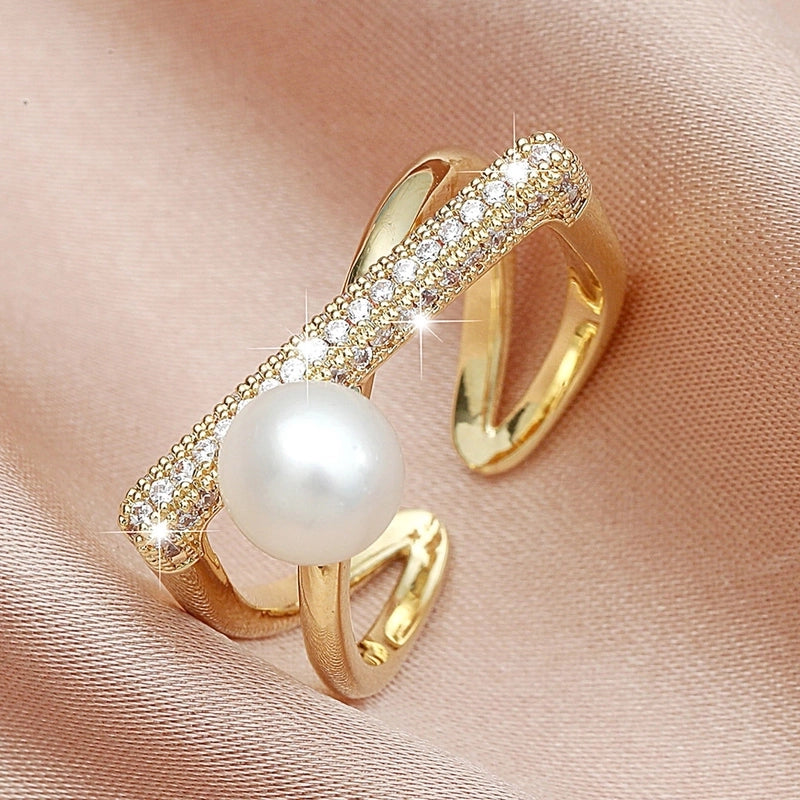 Zinc Alloy Gold Plated Elegant Minimalist Plating Inlay Geometric Artificial Pearls Glass Open Rings