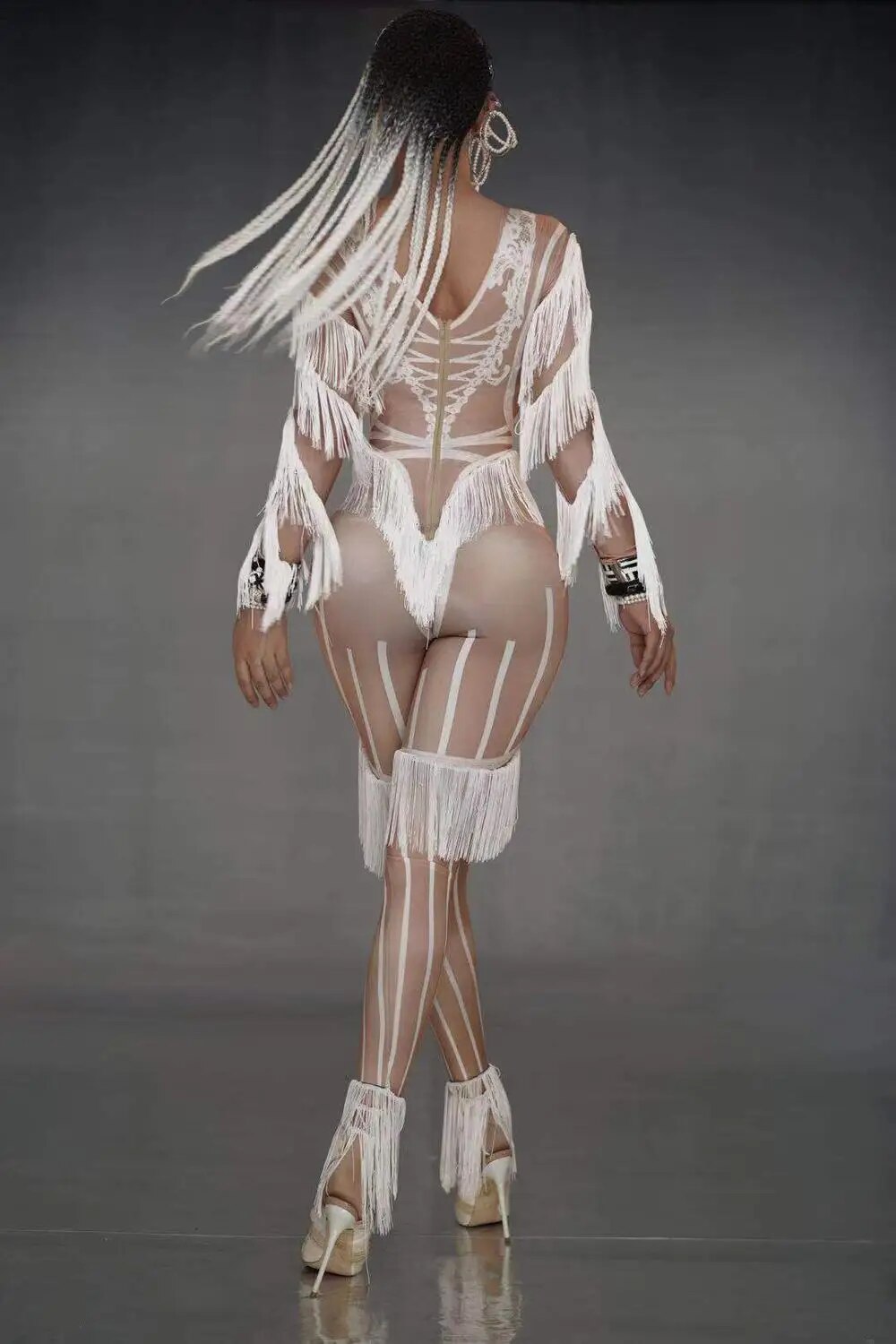 VCSHOES White Fringes Jumpsuit Women Singer Stage Tassel Bodysuit Bar DS Stage Horse Dance Cosplay Bodysuit Costume