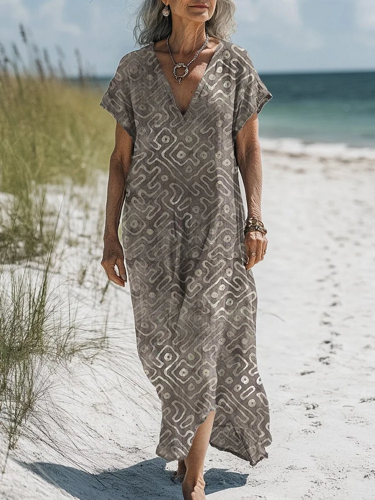 Women's Vintage Art Print Pocket Cotton Dress