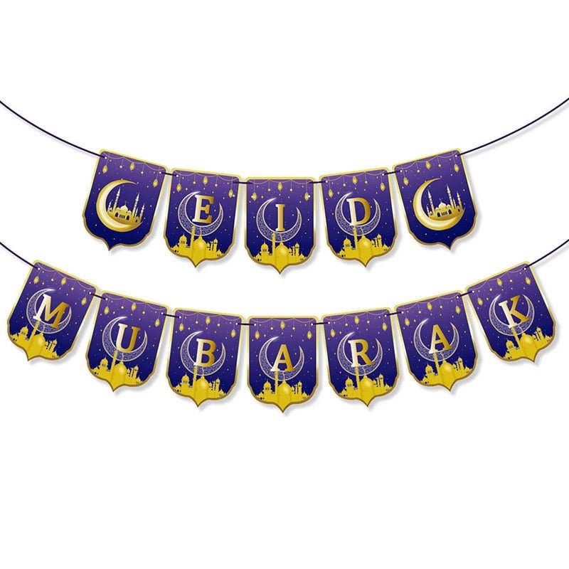 1Set EID MUBARAK Banner Gold Purple Latex Balloons Cake Toppers For Muslim Ramadan Kareem Festival Party DIY Decoration Supplies