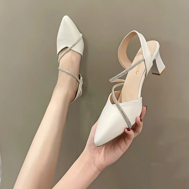 Lourdasprec  Medium and thick heels and buns wear 2023 new summer and autumn versatile fashion pointy head with rhinestone sandals for women