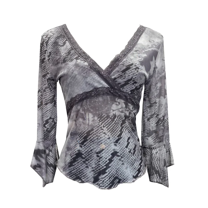 Uveng Picts Picts Retro Tie-Dye-Print Yarn Lace V-Neck Low-Breast Horn Sleeves Short Thin T-Shirt Top 8836