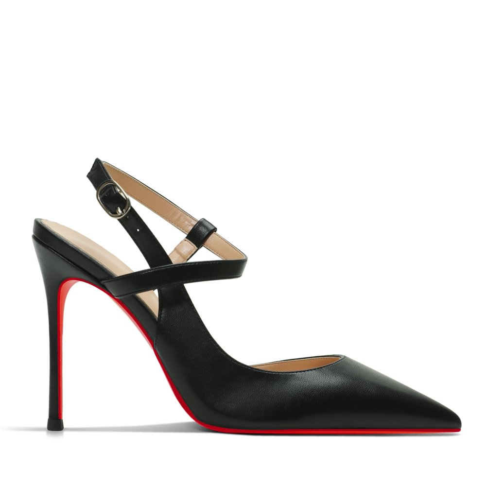 100mm Mid Heel Women Slingback Pumps Ankle Strap Jenlove Stiletto Close Pointed Toe Dress Red Bottoms Matte Glitter Shoes-MERUMOTE